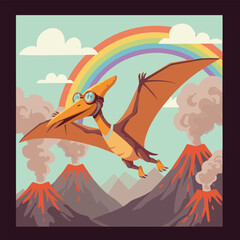 Cartoon pterodactyl wearing goggles flies over volcanoes, a rainbow arches above. © Gusti