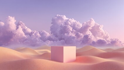 Pastel pink cube sits in a desert landscape under a dramatic, fluffy purple and pink cloud formation at sunset