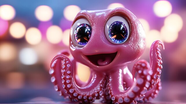 Pink Cartoon Octopus with Sparkling Eyes and Bokeh Background