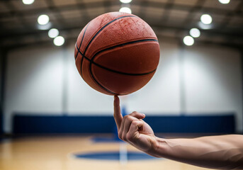 A person skillfully balancing a spinning basketball on their fingertip on a court