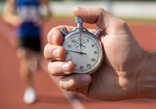 Close-up of a hand timing an athlete's performance on a running track with a stopwatch