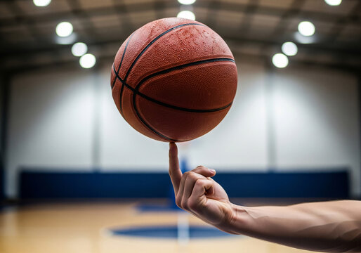 A person skillfully balancing a spinning basketball on their fingertip on a court