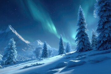 Snowy mountain peaks under a vibrant aurora borealis