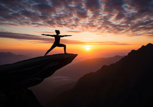 Silhouette of a woman practicing warrior yoga pose on a mountain cliff at sunset