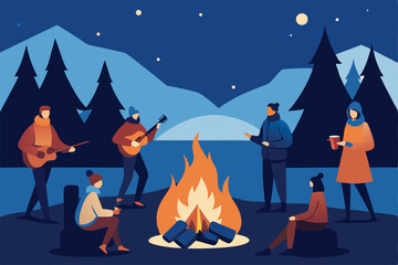 festive outdoor gathering around a bonfire with p.eps