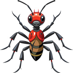Cartoon red and brown ant with black segmented legs and antennae insect illustration