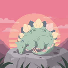 A peaceful stegosaurus naps on a rock at sunset, surrounded by a serene landscape.