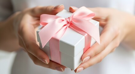 Woman Hands Holding White Gift Box with Pink Ribbon for Special Occasion, Giving Present with Love, Festive Celebration Illustration