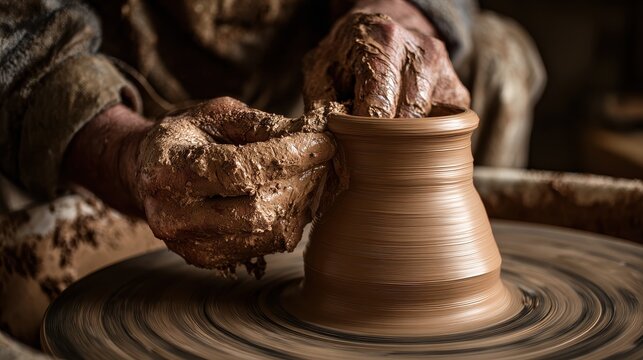 Hands molding clay on pottery wheel with terracotta details, studio lighting for artisan craft demonstrations or artistic educational content.