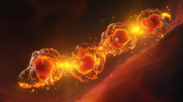 Microscopic scene of nanobots fixing cells with glowing particles in blood, medical animation for educational content or futuristic healthcare visuals.