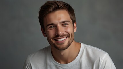 Portrait of a young, smiling man with brown hair and a white t-shirt against a gray background.