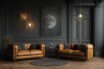 Dark, luxurious living room with leather sofas and moon print