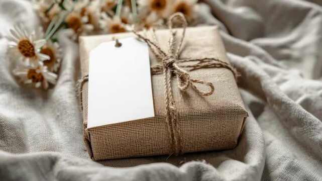Wrapped gift box decorated with twine and blank white tag mockup on soft linen fabric background  