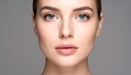 Fototapeta premium Close-up portrait of a woman with clear skin and blue eyes, neutral expression