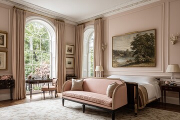 Pink bedroom with arched windows