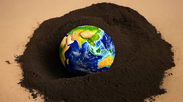 A vibrant globe partially buried in dark soil, symbolizing environmental awareness and earth's fragility