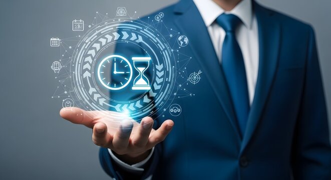 Time management concept: businessman holding clock and hourglass vector