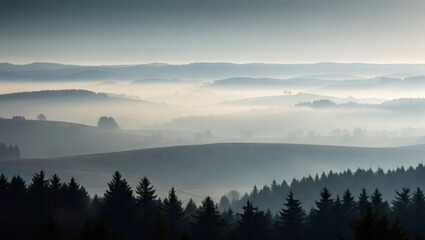 Fototapeta premium Fog covering rolling hills and pine forest at dawn