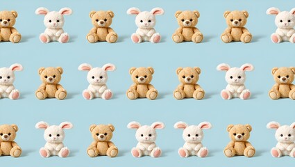 Fototapeta premium Repetitive pattern of alternating teddy bear and bunny plush toys on a light blue background.