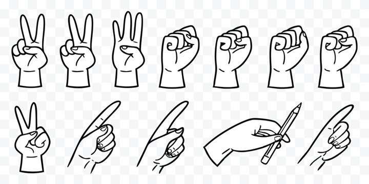 Hand Gestures in Black and White Outline Drawing Demonstrating Communication and Expression representing Different Meanings and Actions