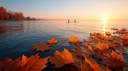 Tranquil sunset paddleboarding amidst autumn leaves on serene lake.