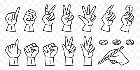 Hand Gestures and Number Icons for Educational Material Outlines of Counting Fingers and Writing Hands for Creative Design