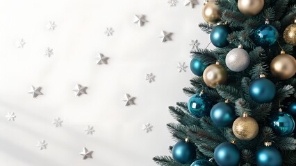 Festive christmas tree with blue and gold ornaments and starry background