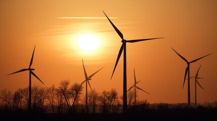 Fototapeta premium Wind turbine silhouettes against sunset sky with orange gradient, clean energy theme for environmental campaigns or landscape photography art.