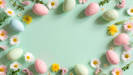 Easter eggs and flowers border on pastel green background