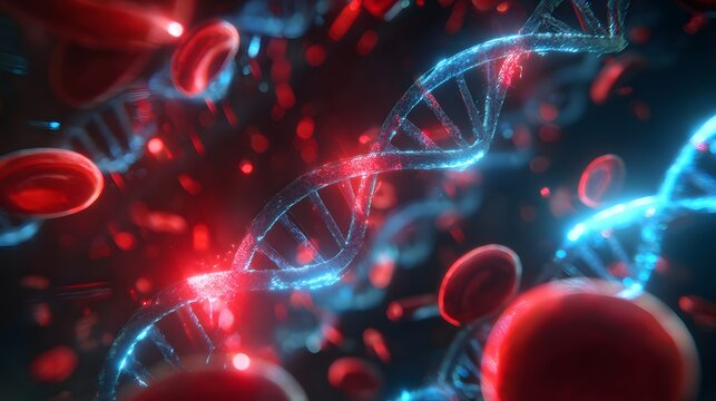 A vibrant DNA helix illuminates among many red blood cells.