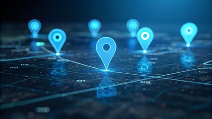 Digital map with glowing blue location pins and network lines