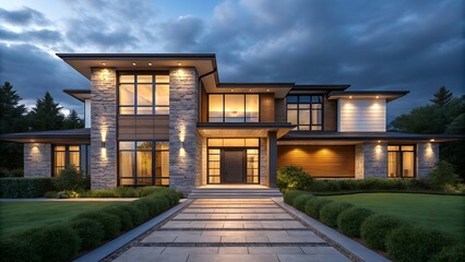 Luxurious modern home with dramatic lighting and stone facade