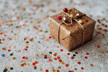 Festive gold gift box on a bed of confetti