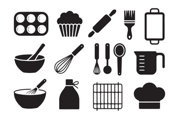 Kitchen Baking Tools Icons in Black and White Vector Illustration for Culinary Arts
