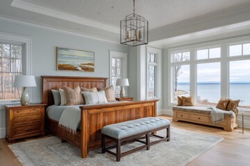 Naklejka premium Luxurious lakefront bedroom with a large window view