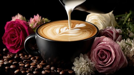 Latte art being poured into a dark mug, surrounded by roses and coffee beans
