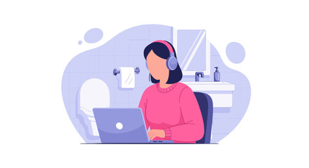 Woman working on laptop in bathroom, perfect for articles about remote work, work-life balance, or modern lifestyles.