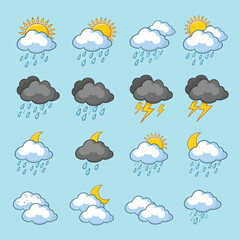 Fototapeta premium Collection of cute cartoon weather icons depicting various conditions like sun, rain, clouds, and lightning on a light blue background.