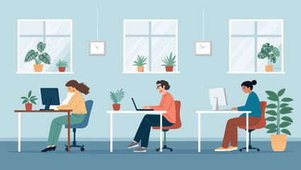 Modern co-working space illustration perfect for websites and brochures showcasing teamwork and productivity.