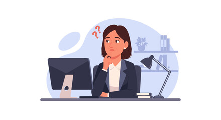 Thoughtful businesswoman at her desk, perfect for websites, blogs, and presentations about business challenges or problem-solving.