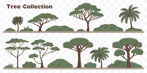 Diverse Tree Collection Illustration with Various Shapes and Bushy Greenery for Landscape Design Elements © design png