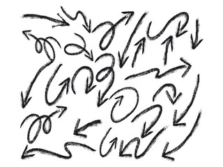 Bold crayon drawn arrows set Collection of thick kid grunge geometric abstract arrows Grunge doodle black different directions. Vector elements with pencil texture, scribble icons