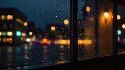 Raindrops on a window pane, overlooking a city street at dusk.