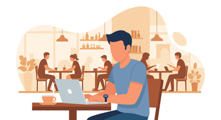 Man working on laptop in a cafe, perfect for websites or blogs about remote work, coworking spaces, or coffee shop culture.