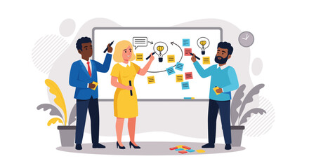 Diverse team brainstorming ideas on a whiteboard, perfect for project management or teamwork presentations.