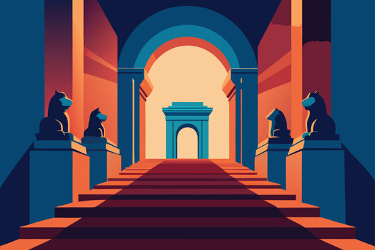 grand entrance with pediment and lion statues  .eps