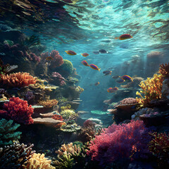 Fototapeta premium Dazzling Underwater Wonders: Exploring the Brilliant Ecosystem of Coral Reefs Teeming with Vibrant Colors and Captivating Marine Life