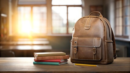 Brown leather backpack and books on a wooden desk with sunlight