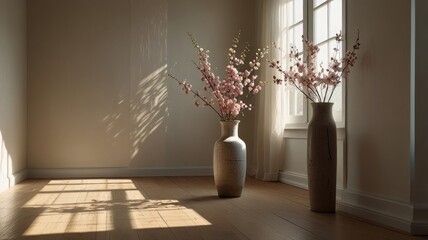Two vases with flowering branches stand in a sunlit room, casting shadows on the wall and floor.