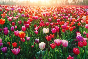 Vibrant tulip field bathed in sunrise